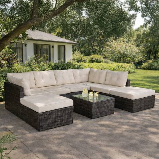 Salon de jardin 8 places en résine tressée marron et beige YANUCA - Image 2