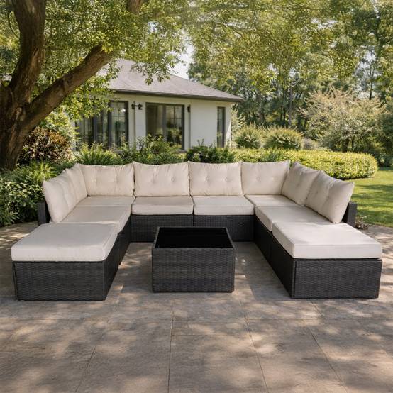 Salon de jardin 8 places en résine tressée marron et beige YANUCA - Image 3
