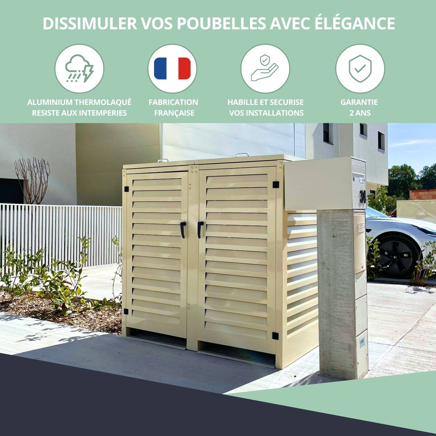 Cache Poubelle Extérieur Double en Aluminium thermolaqué - Abri pour 2 conteneurs 120 Litres – Crème RAL 1015 - Image 7