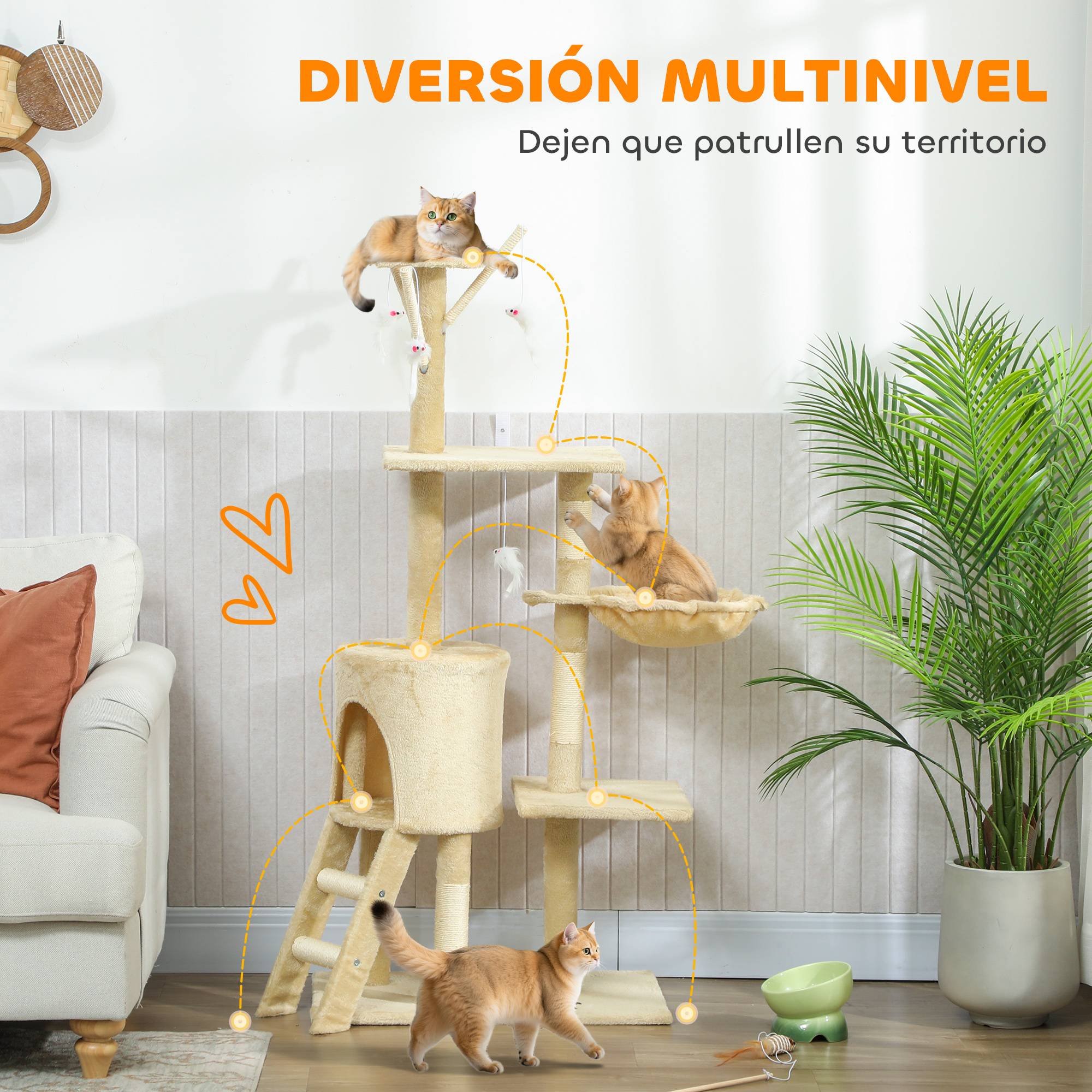 Arbre à chat à griffer, 134 cm de haut, avec 6 poteaux, 3 plateformes, une grotte, un hamac, une échelle et 4 jouets suspendus, beige - Image 6