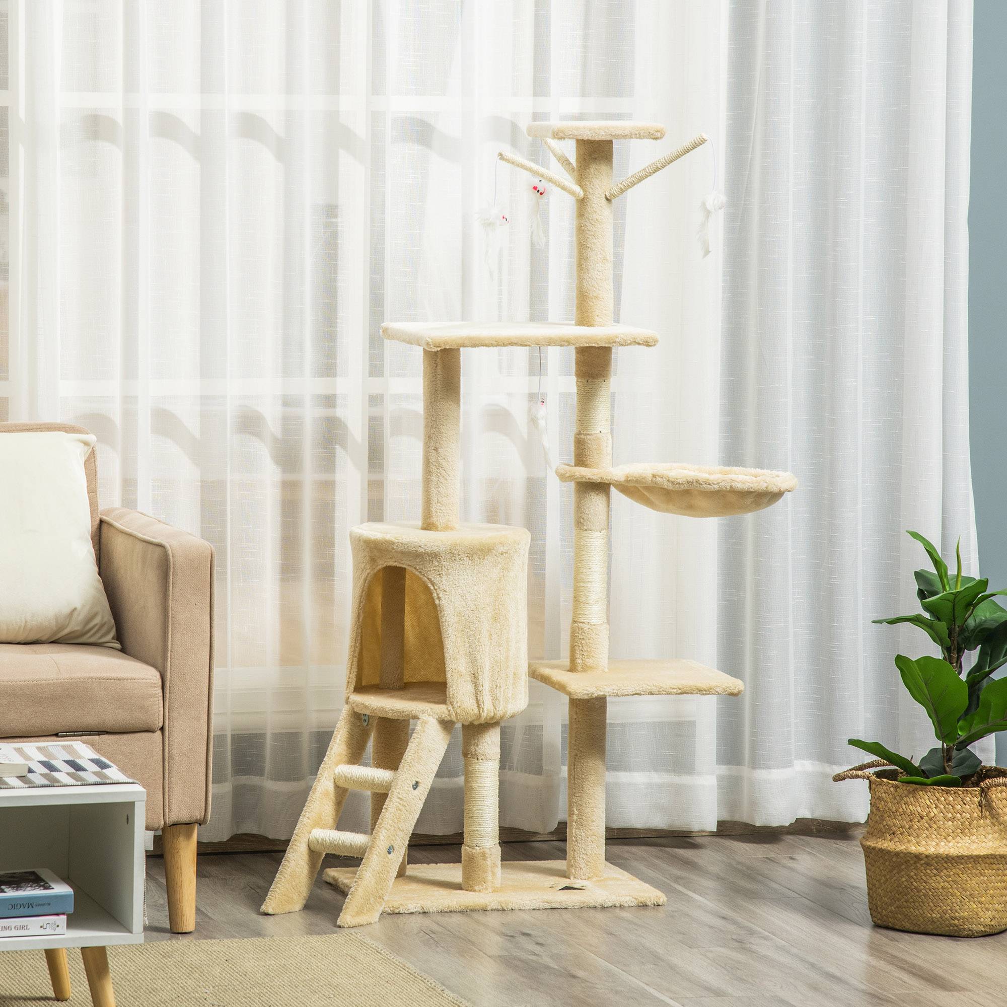 Arbre à chat à griffer, 134 cm de haut, avec 6 poteaux, 3 plateformes, une grotte, un hamac, une échelle et 4 jouets suspendus, beige - Image 4