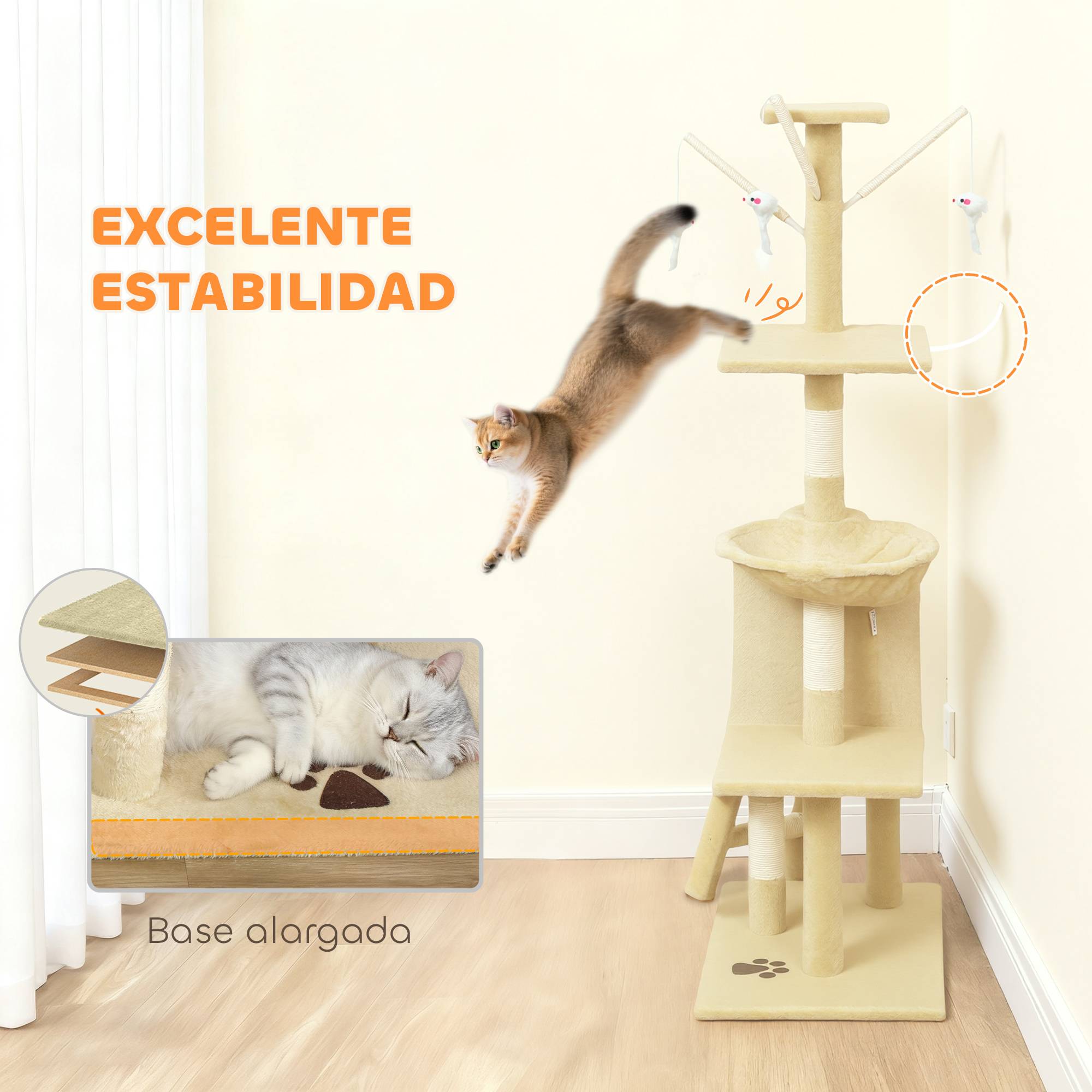 Arbre à chat à griffer, 134 cm de haut, avec 6 poteaux, 3 plateformes, une grotte, un hamac, une échelle et 4 jouets suspendus, beige - Image 8