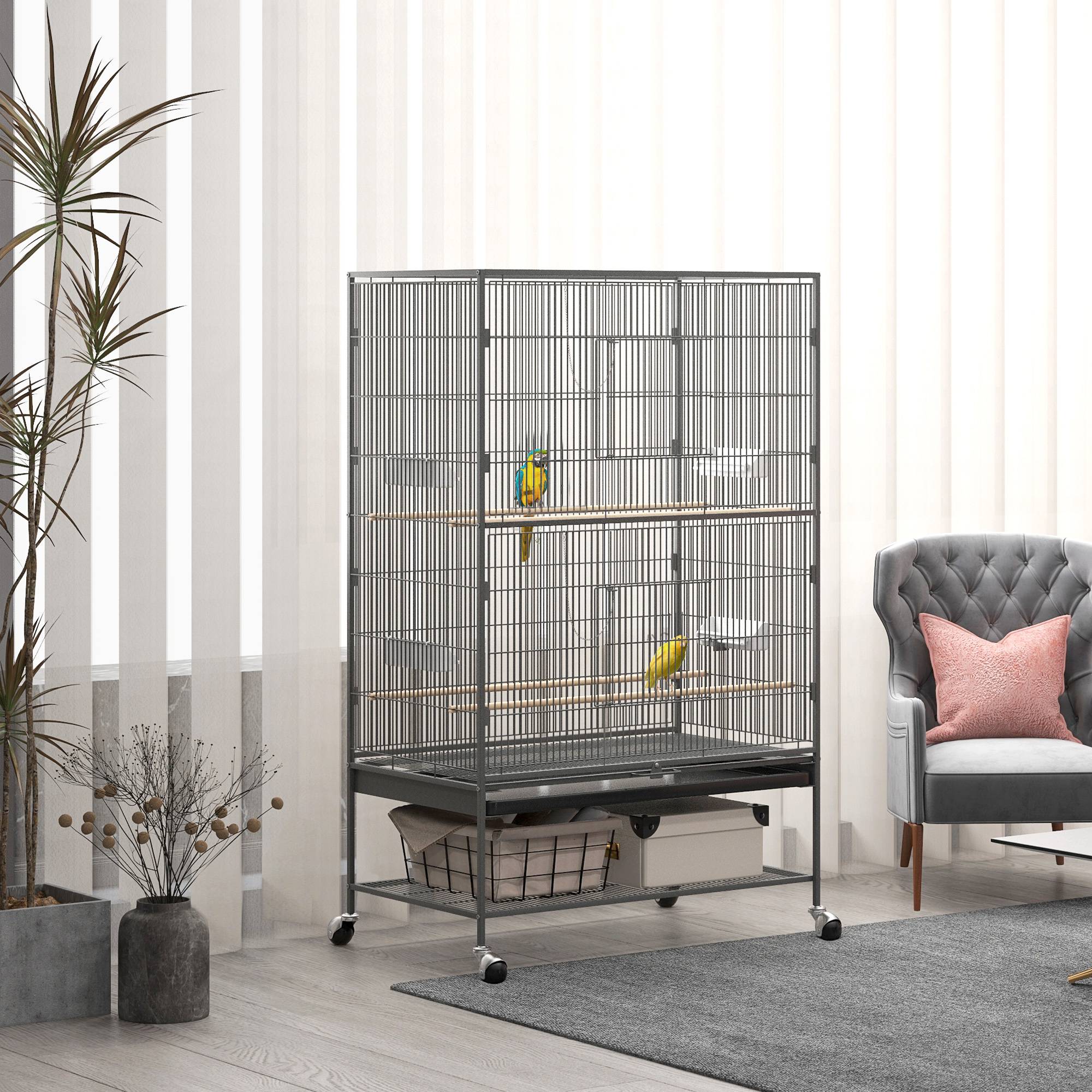Cage à oiseaux avec perchoirs, jouets, bac extractible et rangement, gris - Image 4