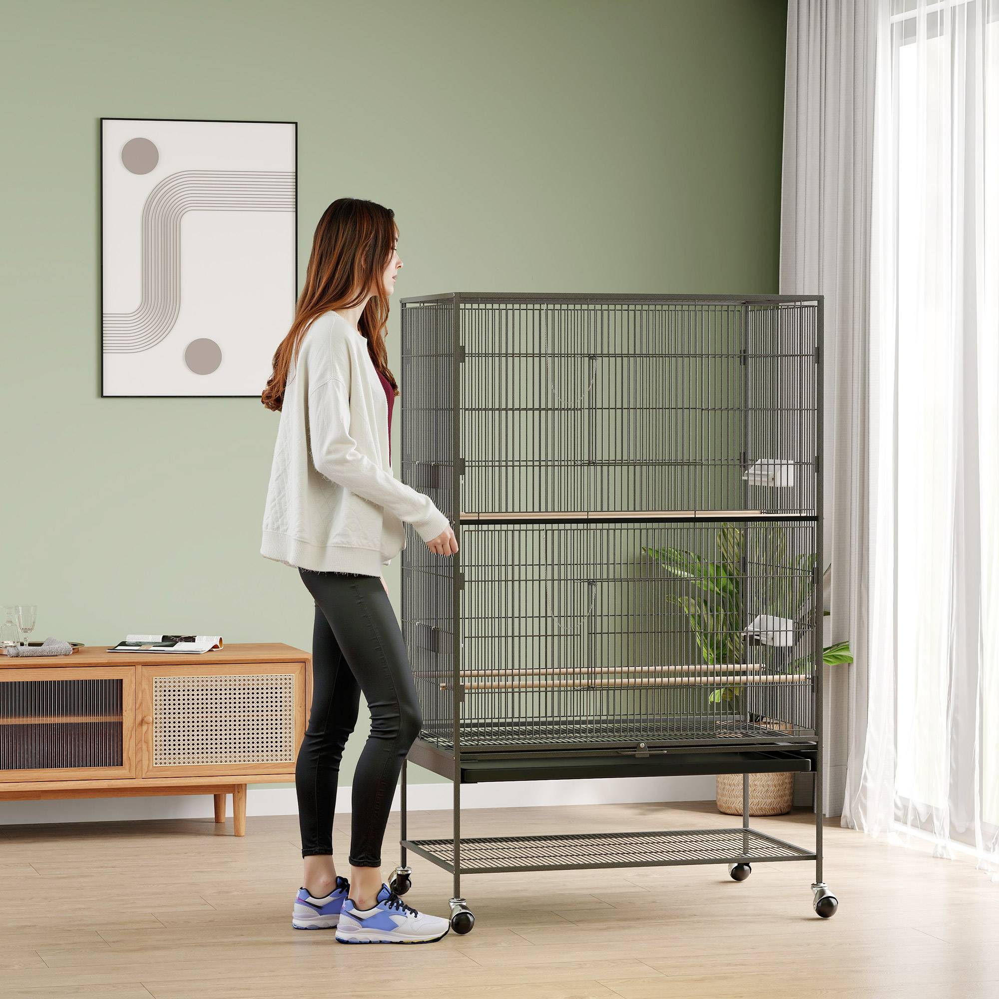 Cage à oiseaux avec perchoirs, jouets, bac extractible et rangement, gris - Image 9