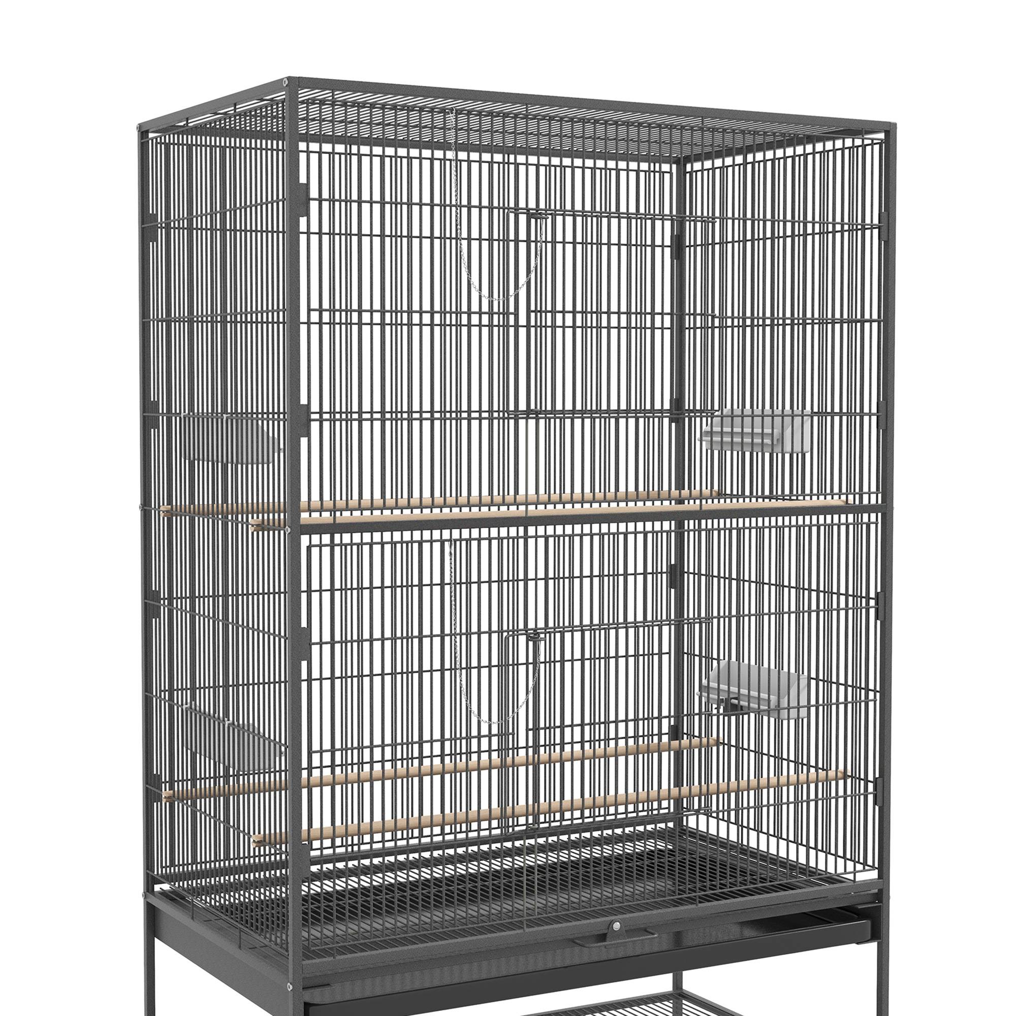 Cage à oiseaux avec perchoirs, jouets, bac extractible et rangement, gris - Image 10