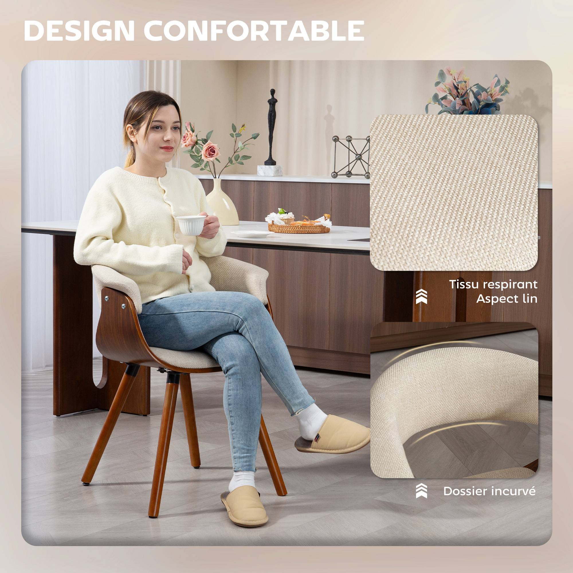 Lot de 2 chaises de salle à manger, chaises de cuisine rembourrées avec dossier incurvé et pieds en bois massif, beige - Image 6