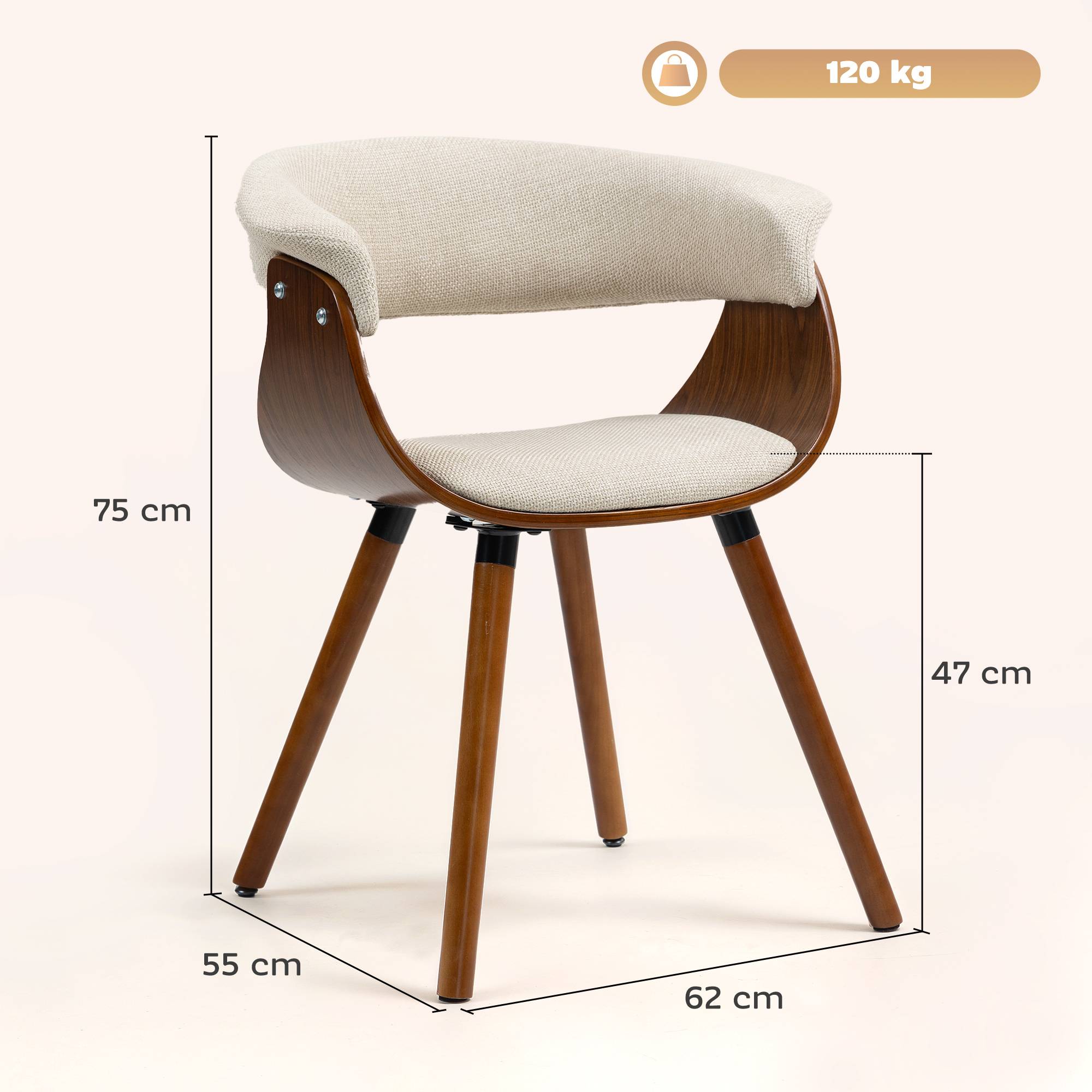 Lot de 2 chaises de salle à manger, chaises de cuisine rembourrées avec dossier incurvé et pieds en bois massif, beige - Image 5