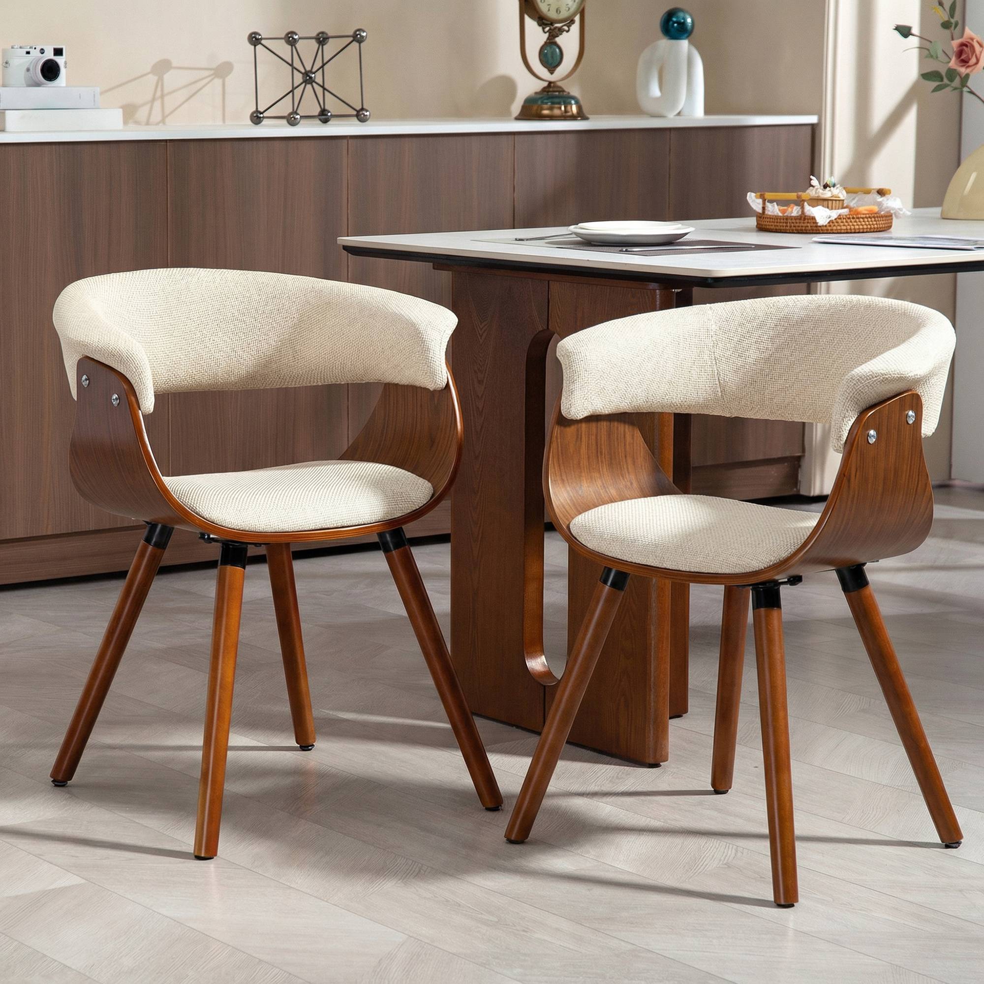 Lot de 2 chaises de salle à manger, chaises de cuisine rembourrées avec dossier incurvé et pieds en bois massif, beige - Image 3