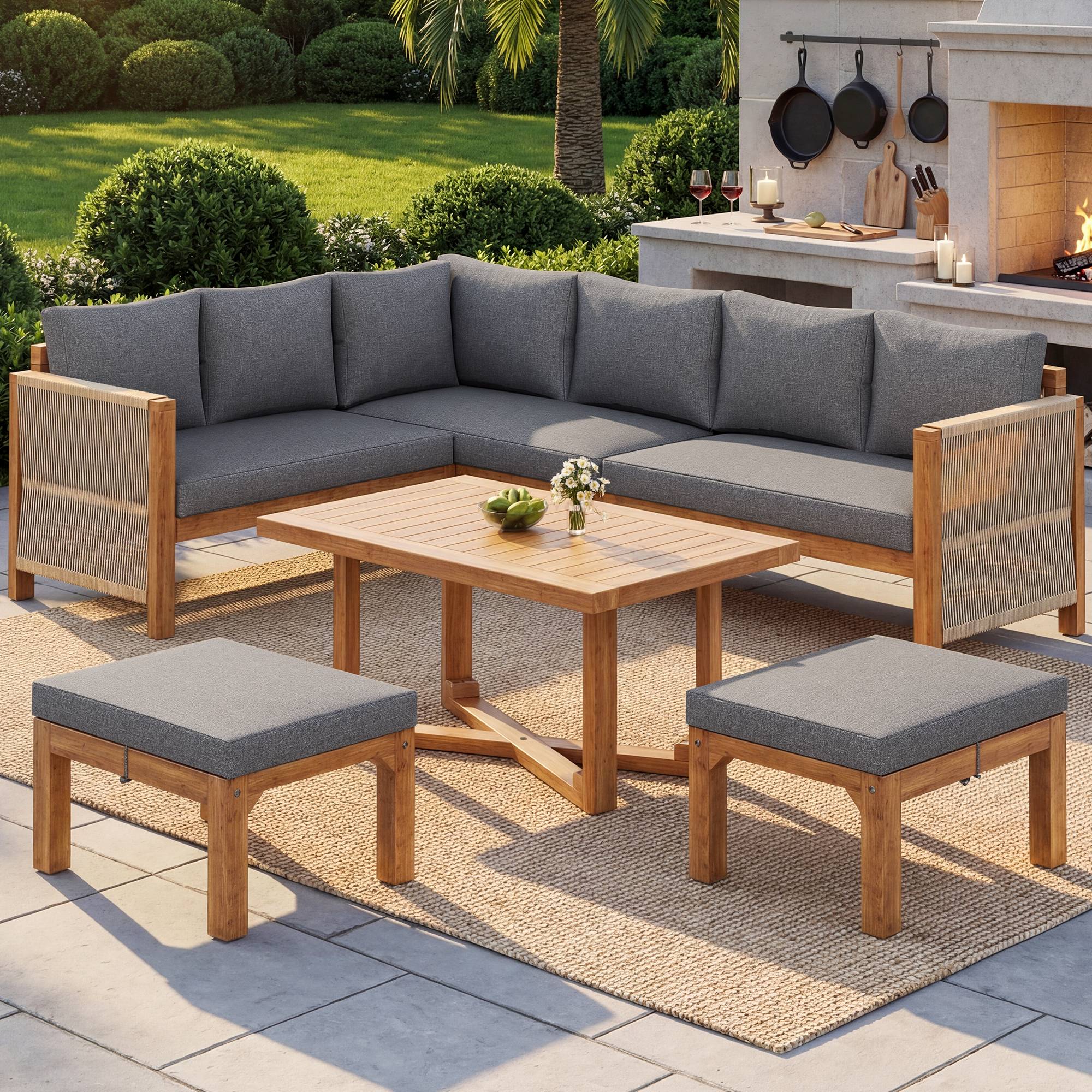 Salon de jardin modulable bois acacia extérieur canapé d'angle 6 places gris - ComfortXL Outdoor Living - Image 1