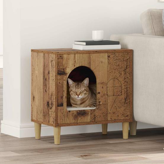 Abri Chat Intérieur Bois Ancien Brun 52cm pour Chat Caractère Déco - ComfortXL Outdoor Living - Image 1