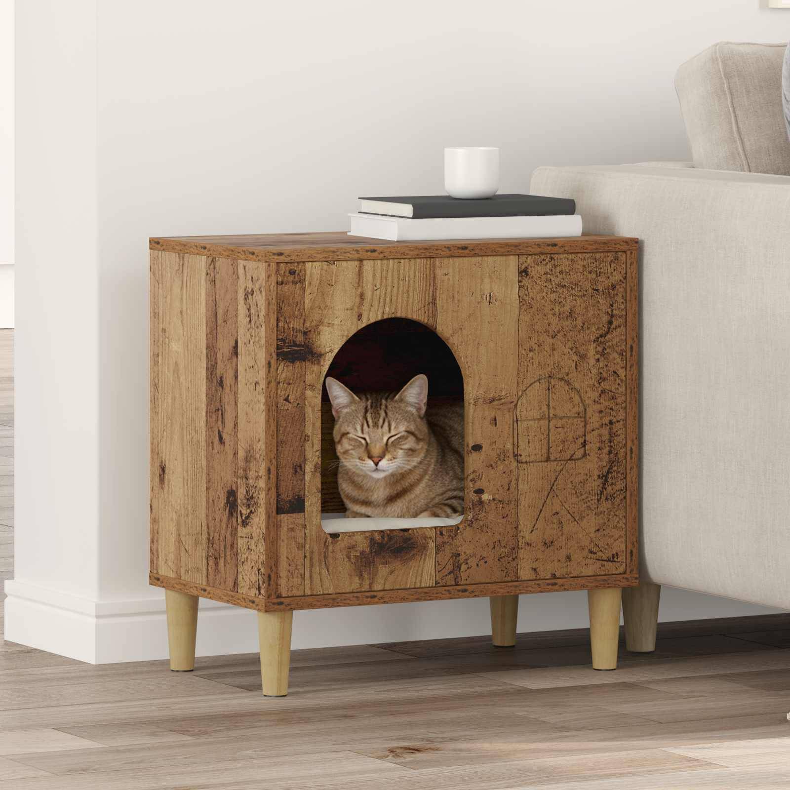 Abri Chat Intérieur Bois Ancien Brun 52cm pour Chat Caractère Déco - ComfortXL Outdoor Living - Image 1