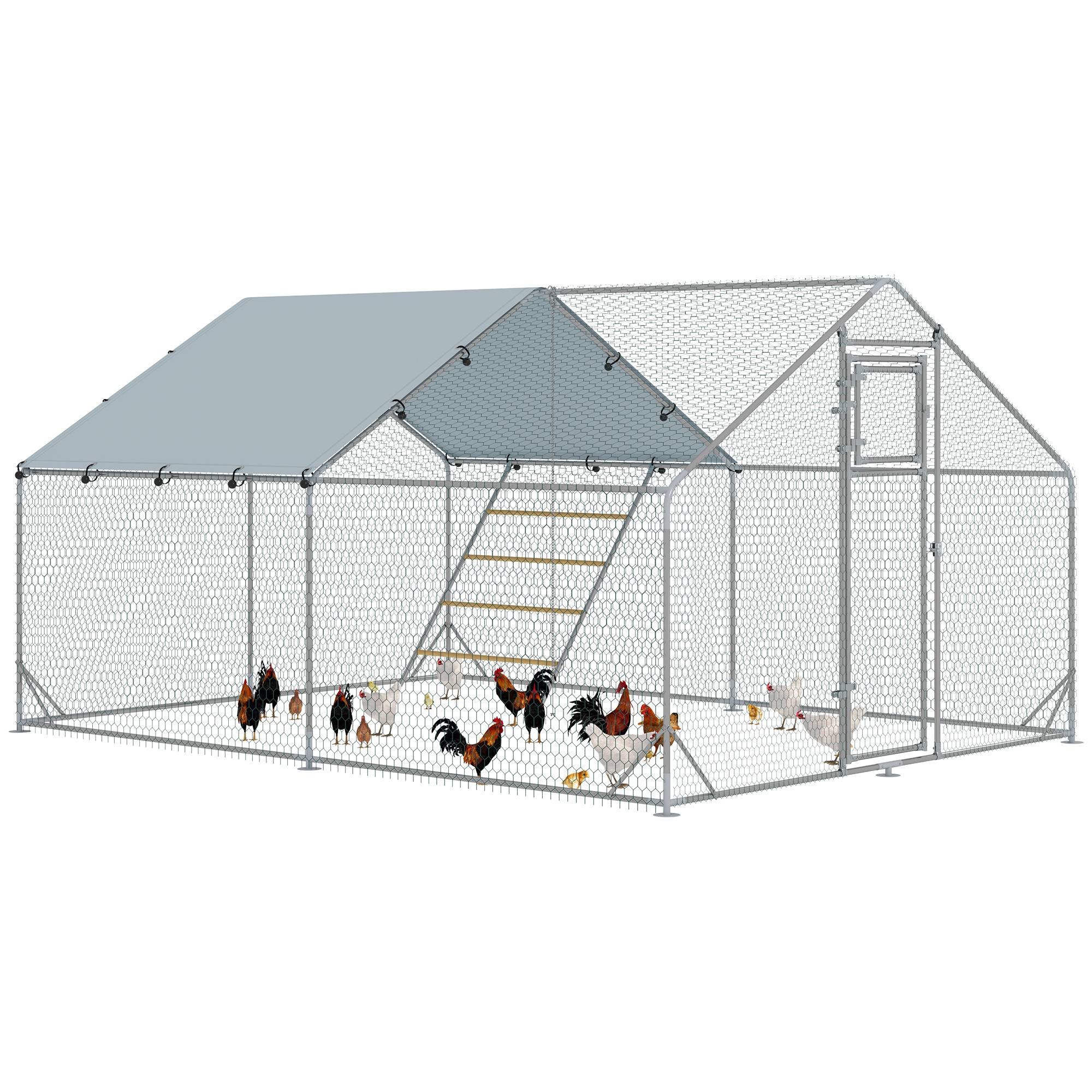 Enclos poulailler extérieur parc grillagé 12 m² avec perchoir et mangeoire acier galvanisé Ø25mm 300x400x195cm argent