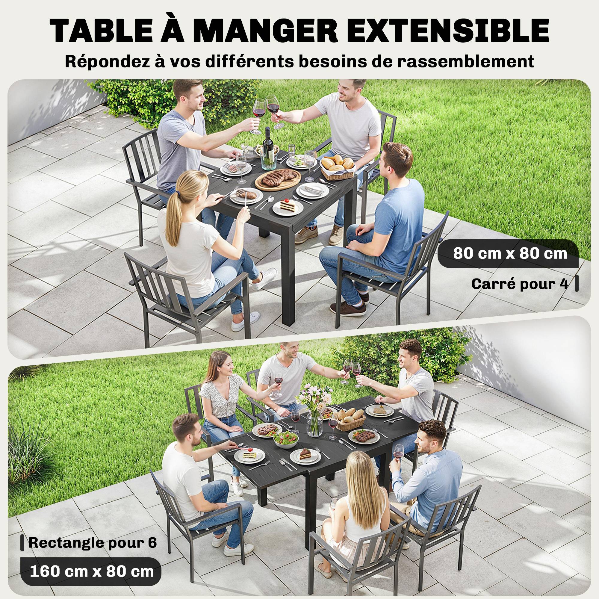 Table Extensible Aluminium Jardin Terrasse Plateau Lattes Rallonge Intégrée 160x80cm Noir - ComfortXL Outdoor Living - Image 6