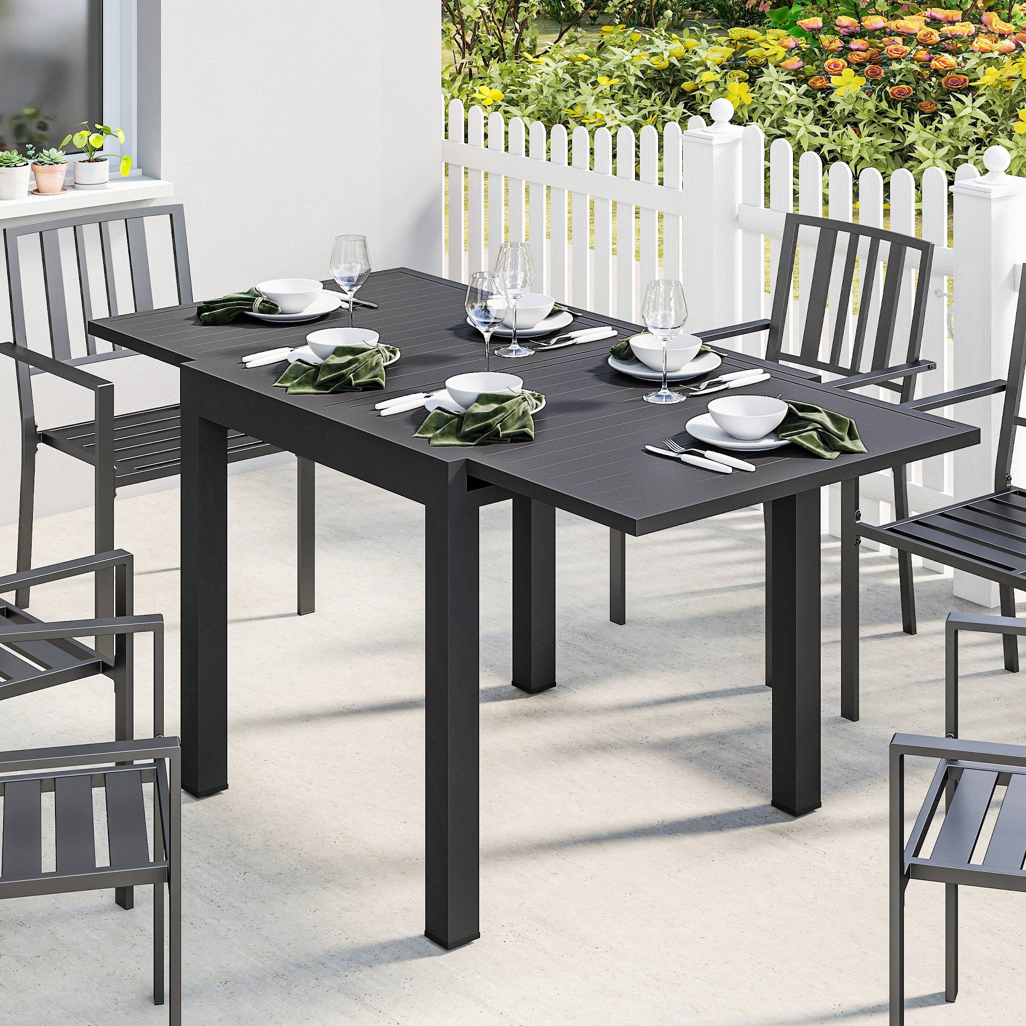Table Extensible Aluminium Jardin Terrasse Plateau Lattes Rallonge Intégrée 160x80cm Noir - ComfortXL Outdoor Living - Image 3
