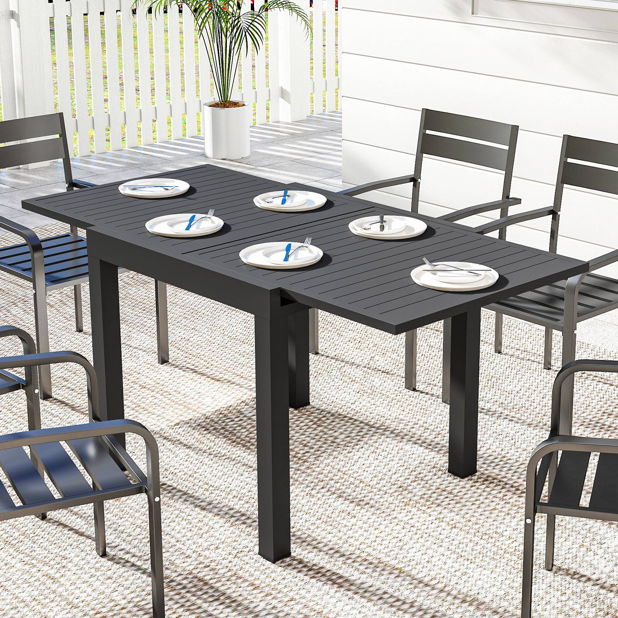 Table Extensible Aluminium Jardin Terrasse Plateau Lattes Rallonge Intégrée 160x80cm Noir - ComfortXL Outdoor Living - Image 4