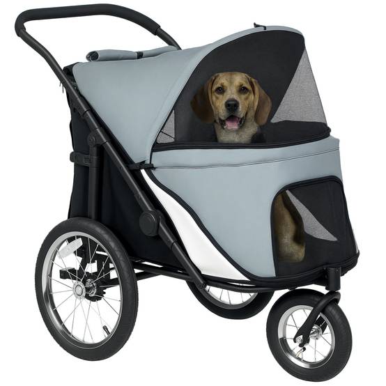 Poussette pour chien 3 roues avec pliage facile, sac de rangement, coussin souple, laisse de sécurité, gris - Image 1