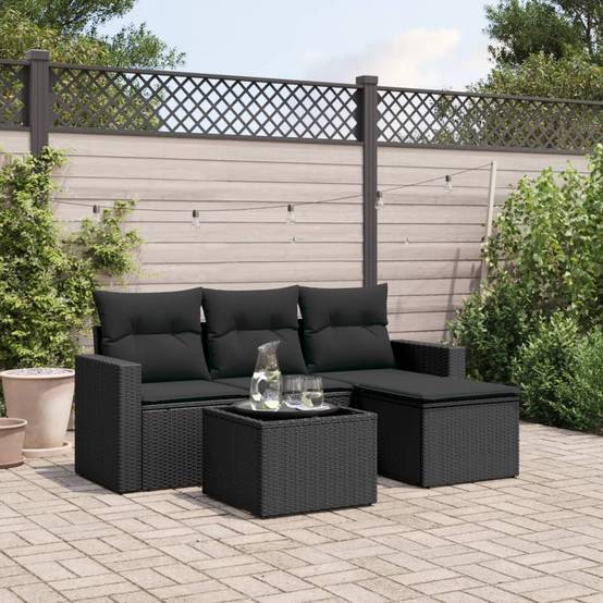 Salon de jardin 4 places modulable résine tressée avec table basse et pouf pour patio Noir Coussins Noirs – ComfortXL Outdoor Living - Image 1