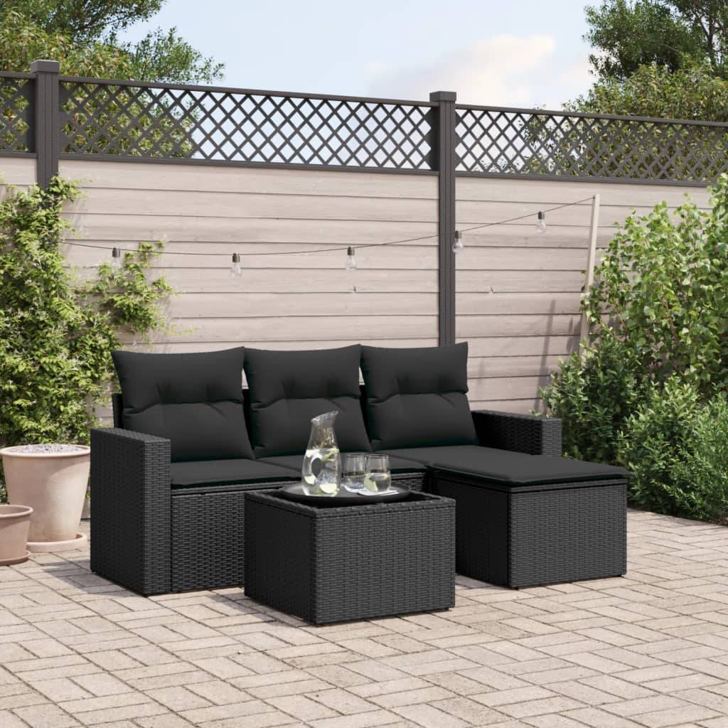 Salon de jardin 4 places modulable résine tressée avec table basse et pouf pour patio Noir Coussins Noirs – ComfortXL Outdoor Living - Image 1