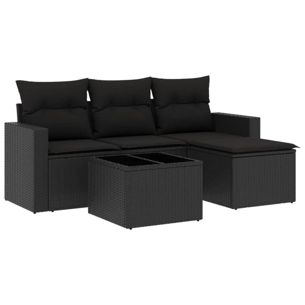 Salon de jardin 4 places modulable résine tressée avec table basse et pouf pour patio Noir Coussins Noirs – ComfortXL Outdoor Living - Image 2
