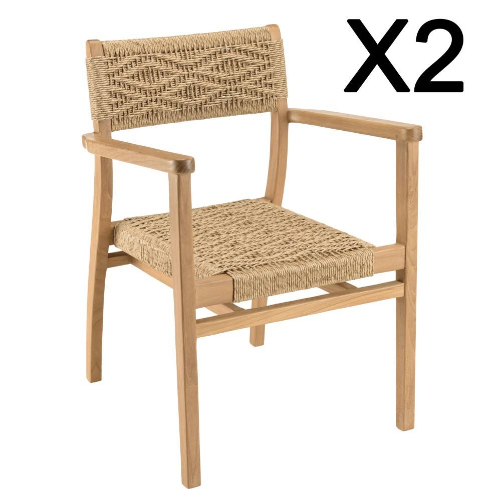 Macabane - VALERIA - Lot de 2 fauteuils jardin en bois teck rotin motif losange - Imagen 10