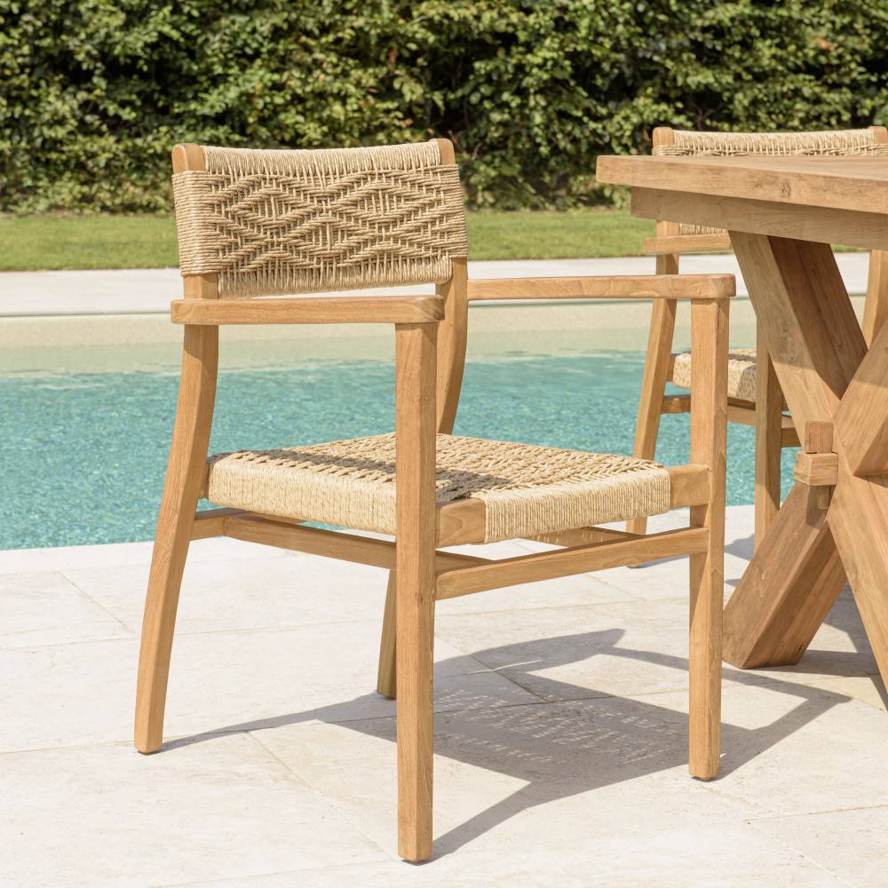 Macabane - VALERIA - Lot de 2 fauteuils jardin en bois teck rotin motif losange - Imagen 2