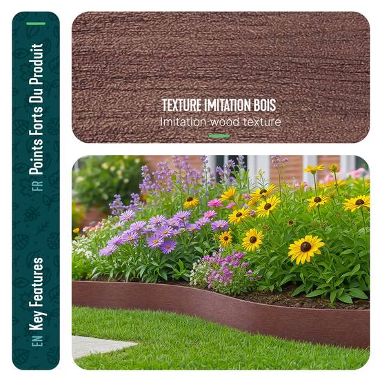 Vounot - Bordure de jardin haute flexible 10M en PE avec 6 piquets - hauteur 13cm - epaisseur 3mm - marron - VOUNOT® - Image 6