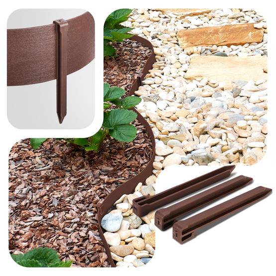 Vounot - Bordure de jardin haute flexible 10M en PE avec 6 piquets - hauteur 13cm - epaisseur 3mm - marron - VOUNOT® - Image 5