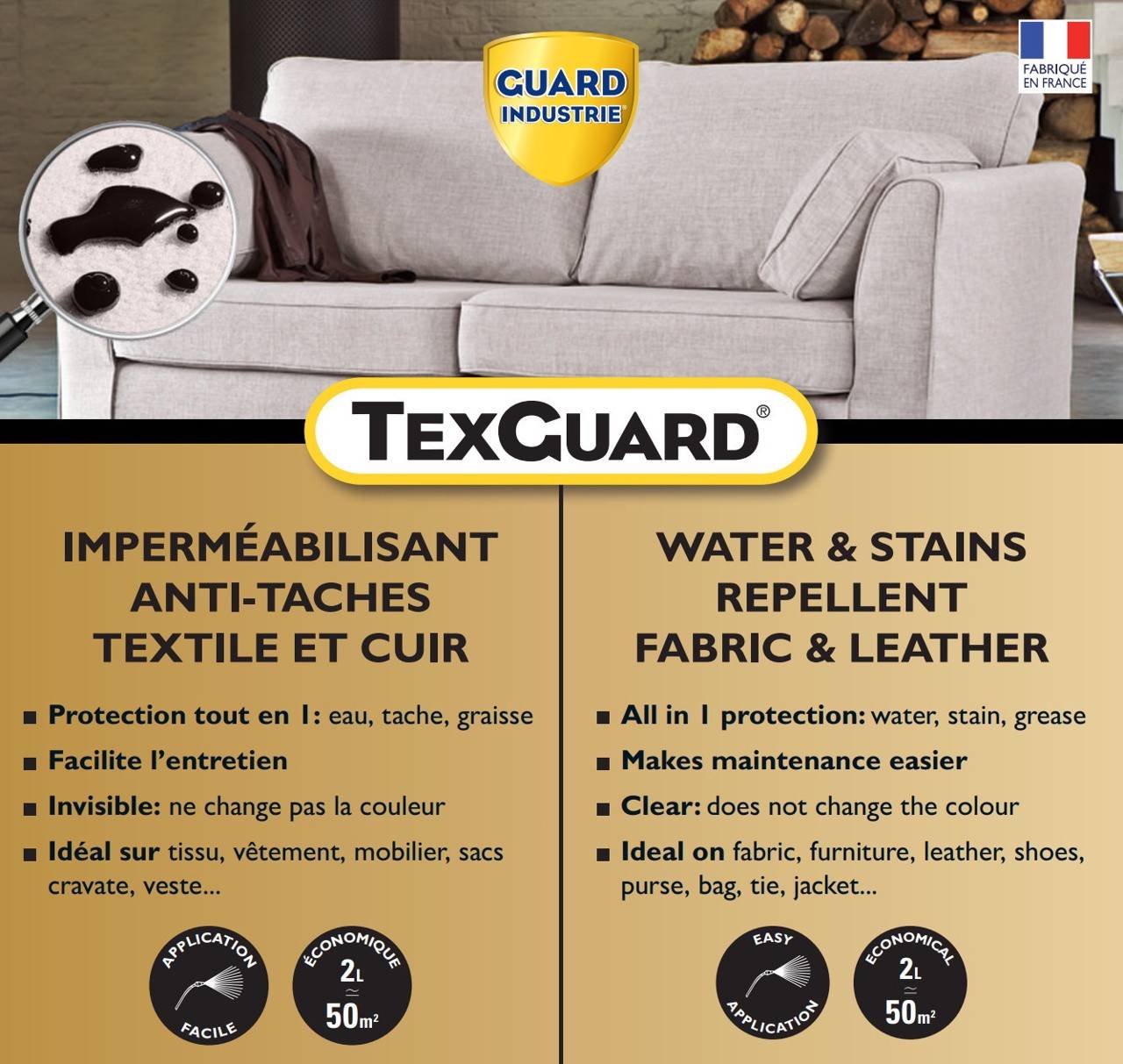 Traitement anti taches tissus ou cuir TEXGUARD 2L (+ Bouchon Pulvérisateur offert) traite 40m² - Image 2