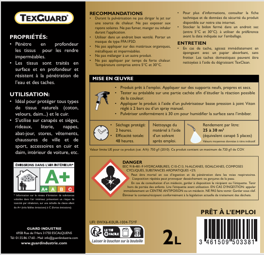 Traitement anti taches tissus ou cuir TEXGUARD 2L (+ Bouchon Pulvérisateur offert) traite 40m² - Image 7