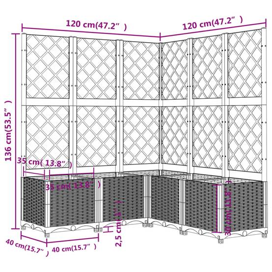 Jardinière bac lit surélevé plantes fleurs terrasse jardin avec treillis 120 x 120 x 136 cm PP gris - Image 6
