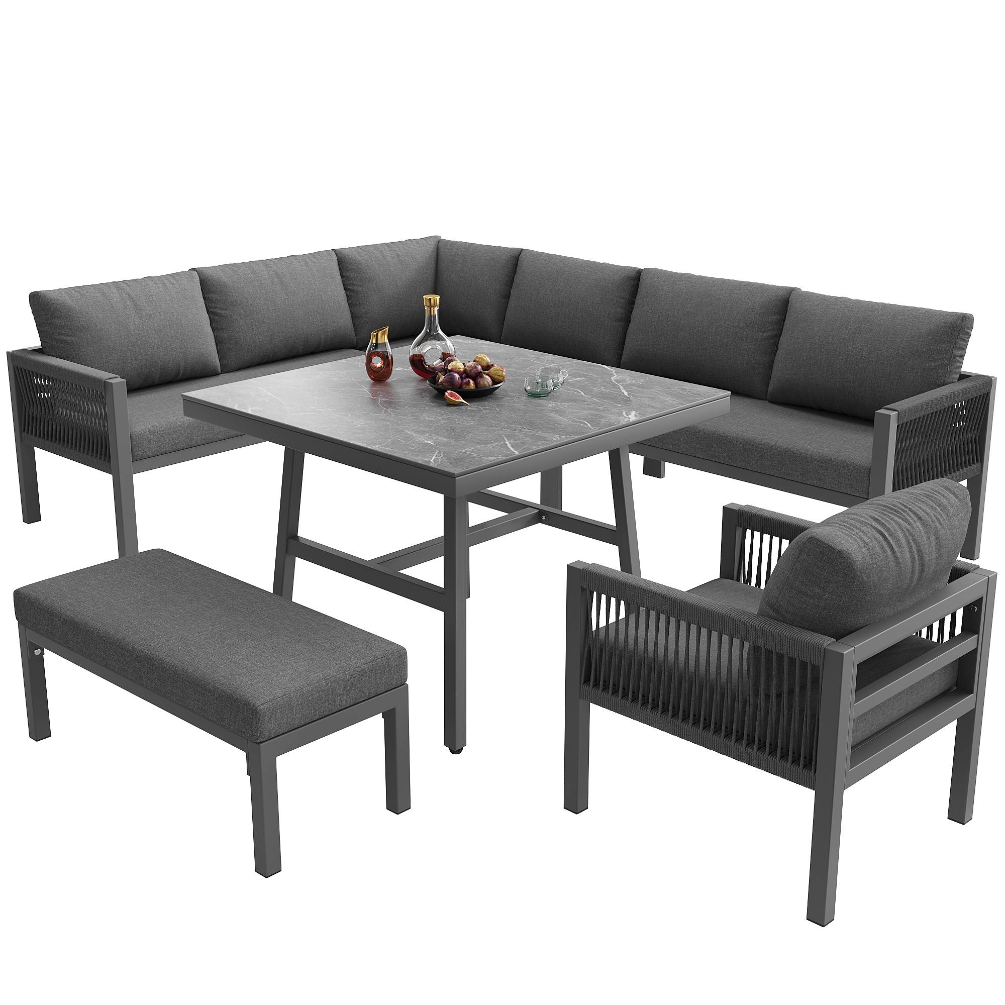Salon de Jardin avec 3 Canapés 2 Places 1 Fauteuil 1 Banc 1 Table pour 8 personnes Gris - Image 1