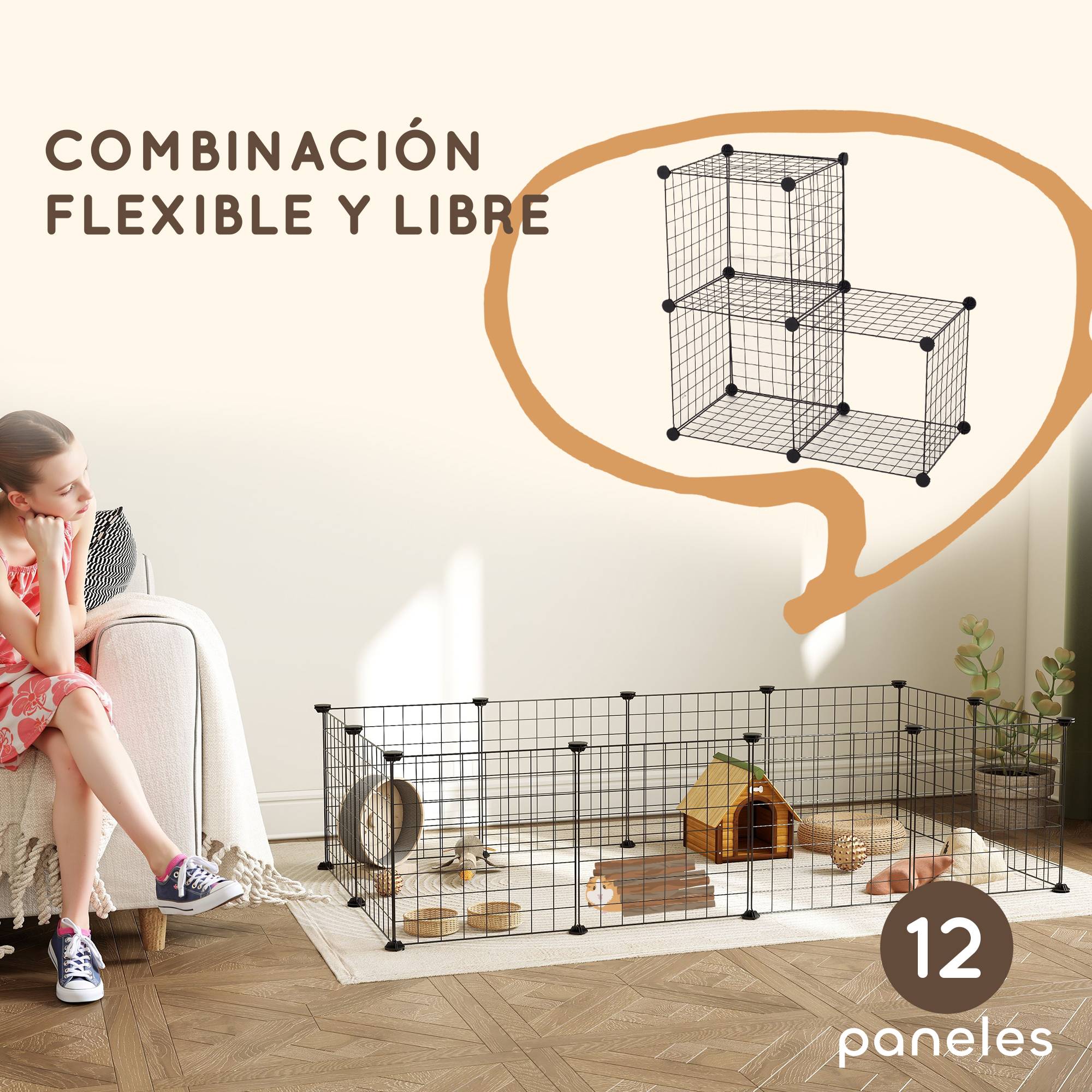 Parc à jeux métallique à 12 panneaux pour petits animaux, modèle démontable à monter soi-même, idéal pour hérisson et hamster, 143 x 73 x 36 cm, noir - Image 6