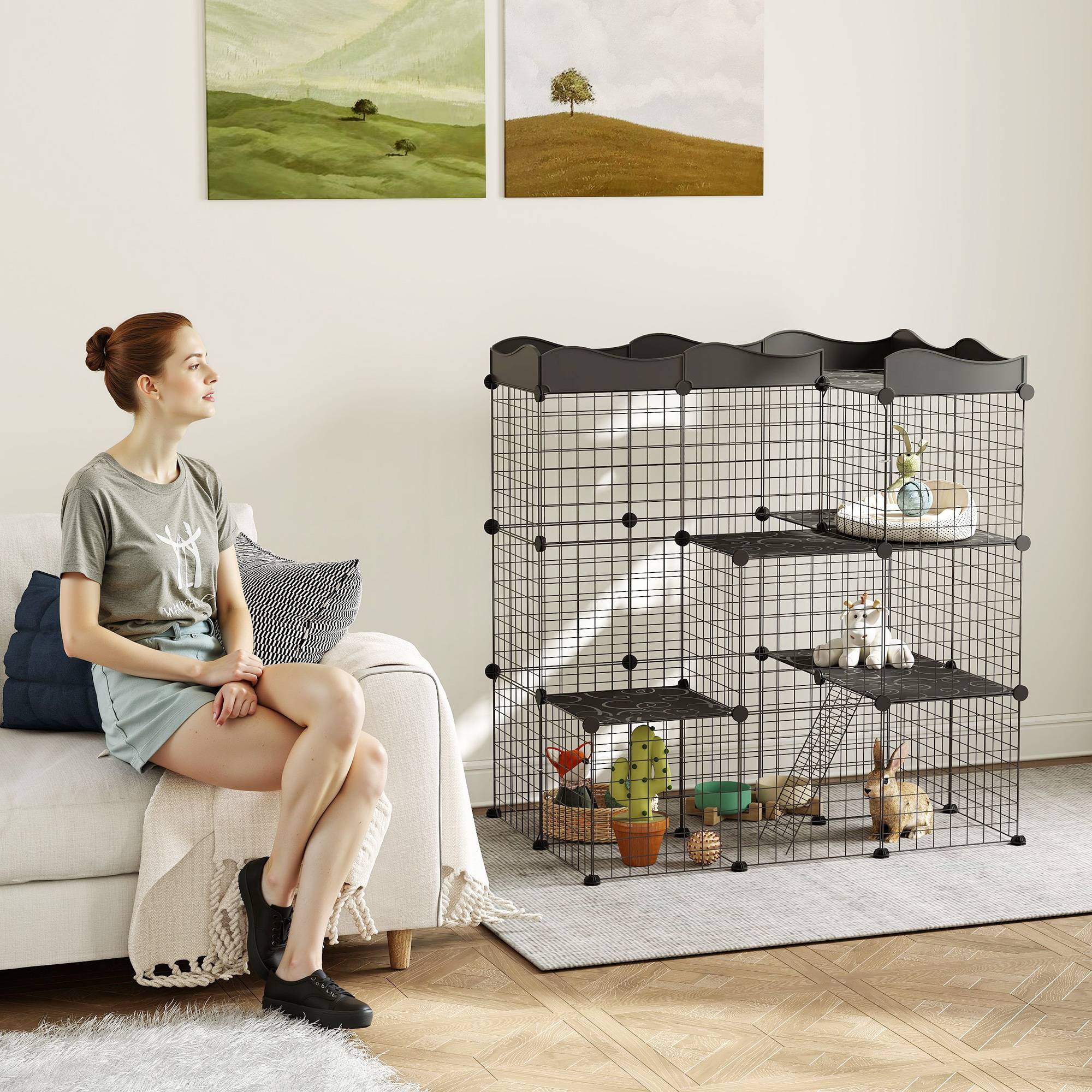 Enclos modulaire pour petits animaux à plusieurs niveaux, avec portes larges, rampes et panneaux en résine PP 105 x 70 x 116 cm - Image 3