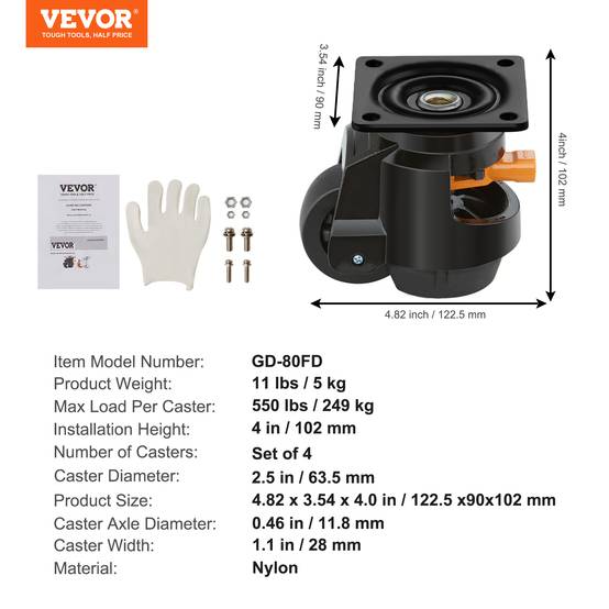 VEVOR Roulettes pivotantes lot de 4, capacité totale 1000kg, diamètre 63.5mm, réglables 360°, pour établis. - Image 7