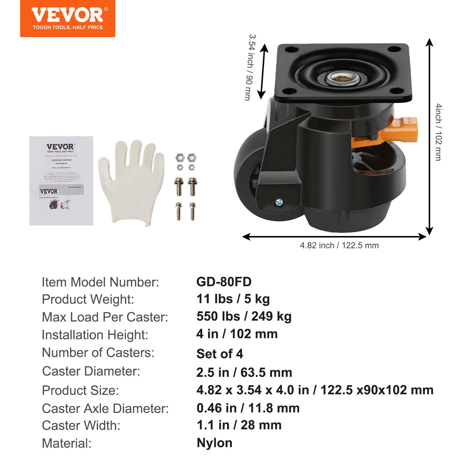 VEVOR Roulettes pivotantes lot de 4, capacité totale 1000kg, diamètre 63.5mm, réglables 360°, pour établis. - Image 7