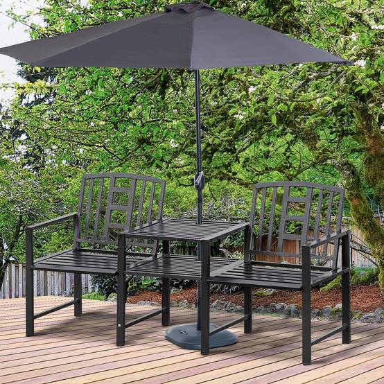 Banc de jardin acier 2 places terrasse balcon table centrale porte-parasol 165x56x85cm noir - ComfortXL Outdoor Living - Image 3