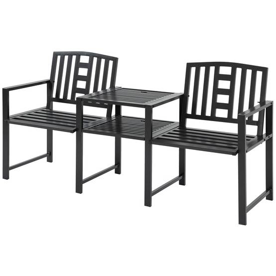 Banc de jardin acier 2 places terrasse balcon table centrale porte-parasol 165x56x85cm noir - ComfortXL Outdoor Living - Image 2