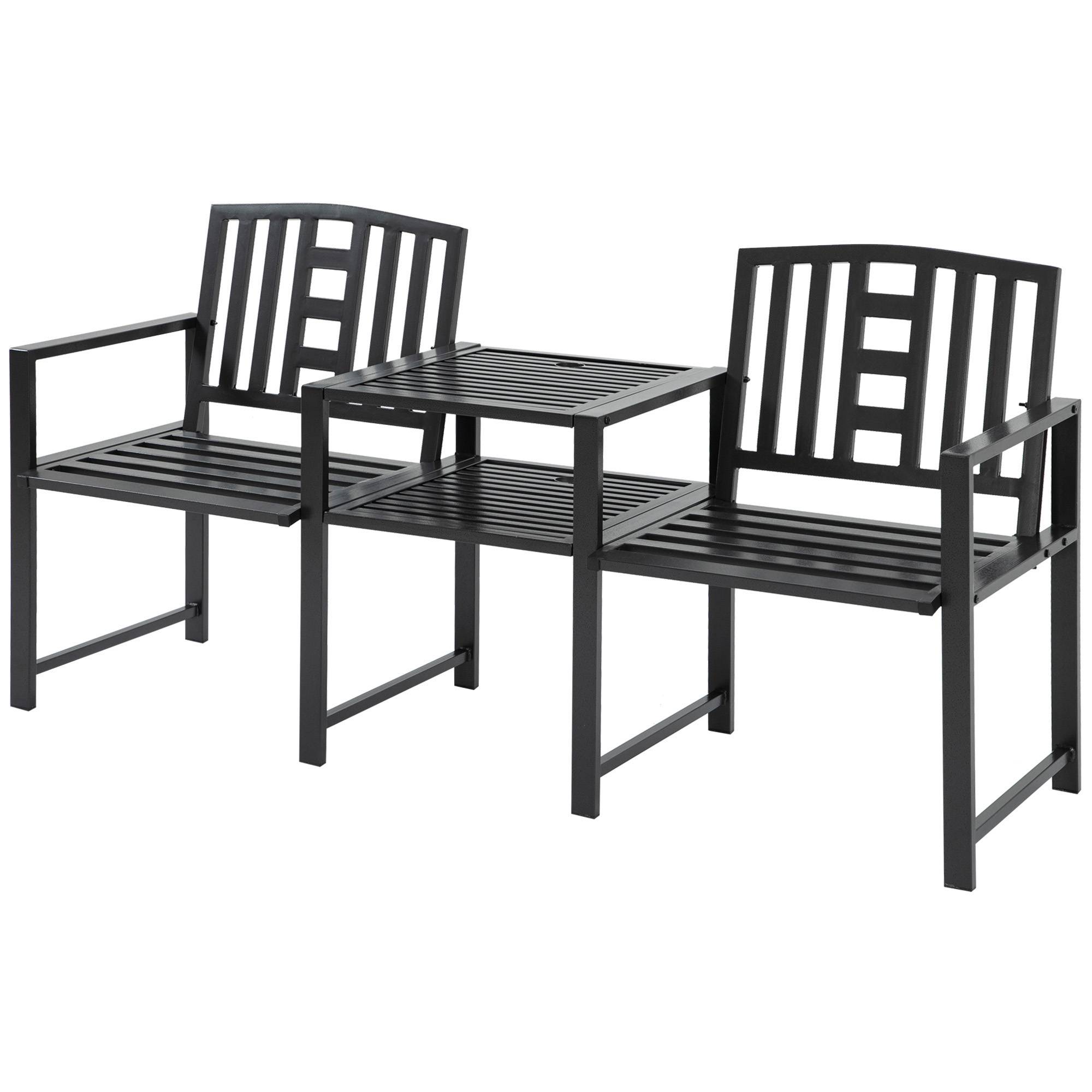 Banc de jardin acier 2 places terrasse balcon table centrale porte-parasol 165x56x85cm noir - ComfortXL Outdoor Living - Image 2