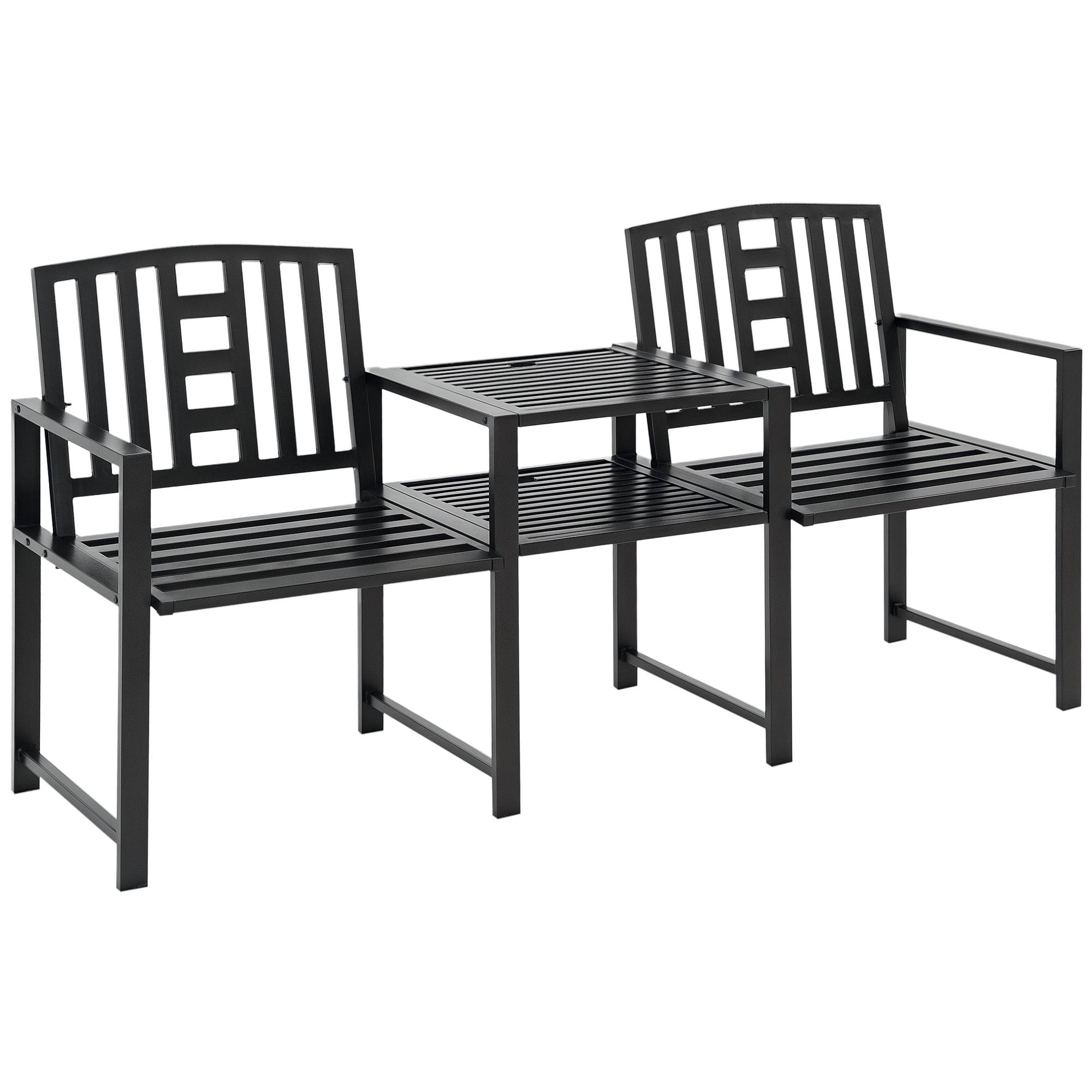 Banc de jardin acier 2 places terrasse balcon table centrale porte-parasol 165x56x85cm noir - ComfortXL Outdoor Living - Image 1
