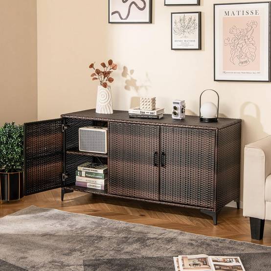 COSTWAY Coffre de Rangement en Résine Tressée pour Patio 318 L, Boîte de Rangement avec 3 Portes Étagères Amovibles Grand Bac Étanche, Marron - Image 9
