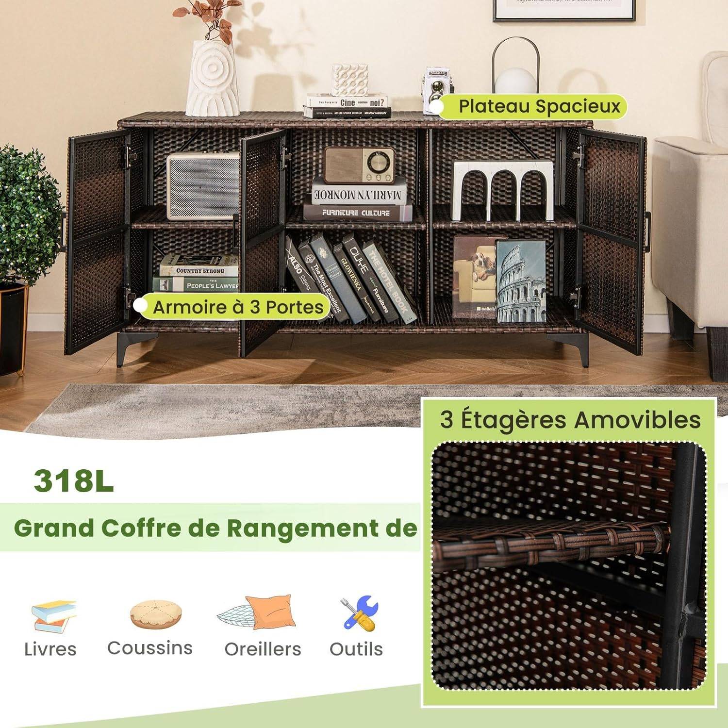 COSTWAY Coffre de Rangement en Résine Tressée pour Patio 318 L, Boîte de Rangement avec 3 Portes Étagères Amovibles Grand Bac Étanche, Marron - Image 4