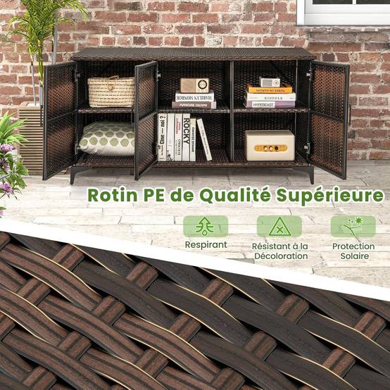 COSTWAY Coffre de Rangement en Résine Tressée pour Patio 318 L, Boîte de Rangement avec 3 Portes Étagères Amovibles Grand Bac Étanche, Marron - Image 7