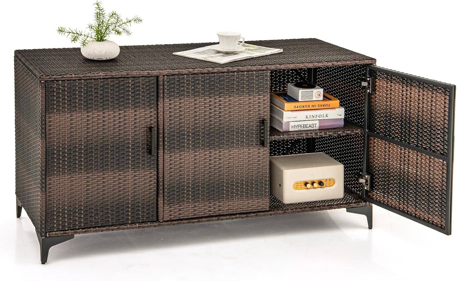 COSTWAY Coffre de Rangement en Résine Tressée pour Patio 318 L, Boîte de Rangement avec 3 Portes Étagères Amovibles Grand Bac Étanche, Marron - Image 1