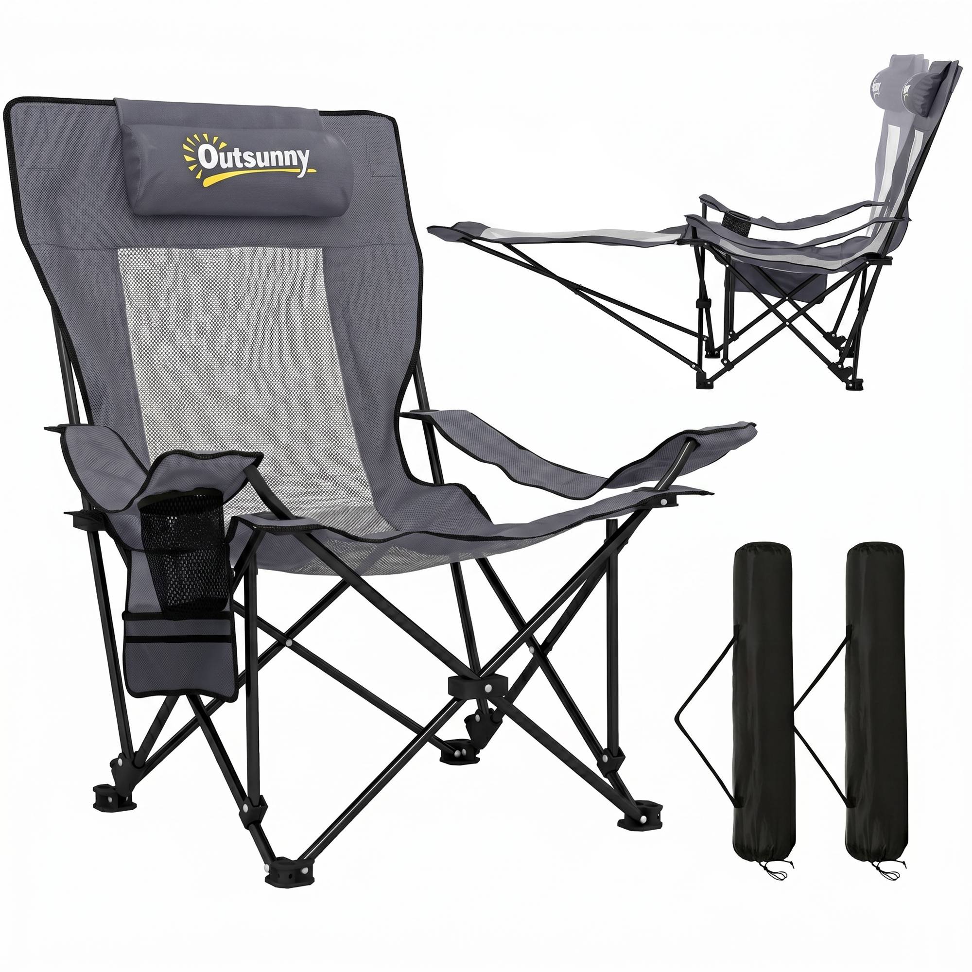 Lot de 2 chaises camping pliantes avec dossier réglable, repose-pieds, porte-gobelet et appui-tête gris foncé