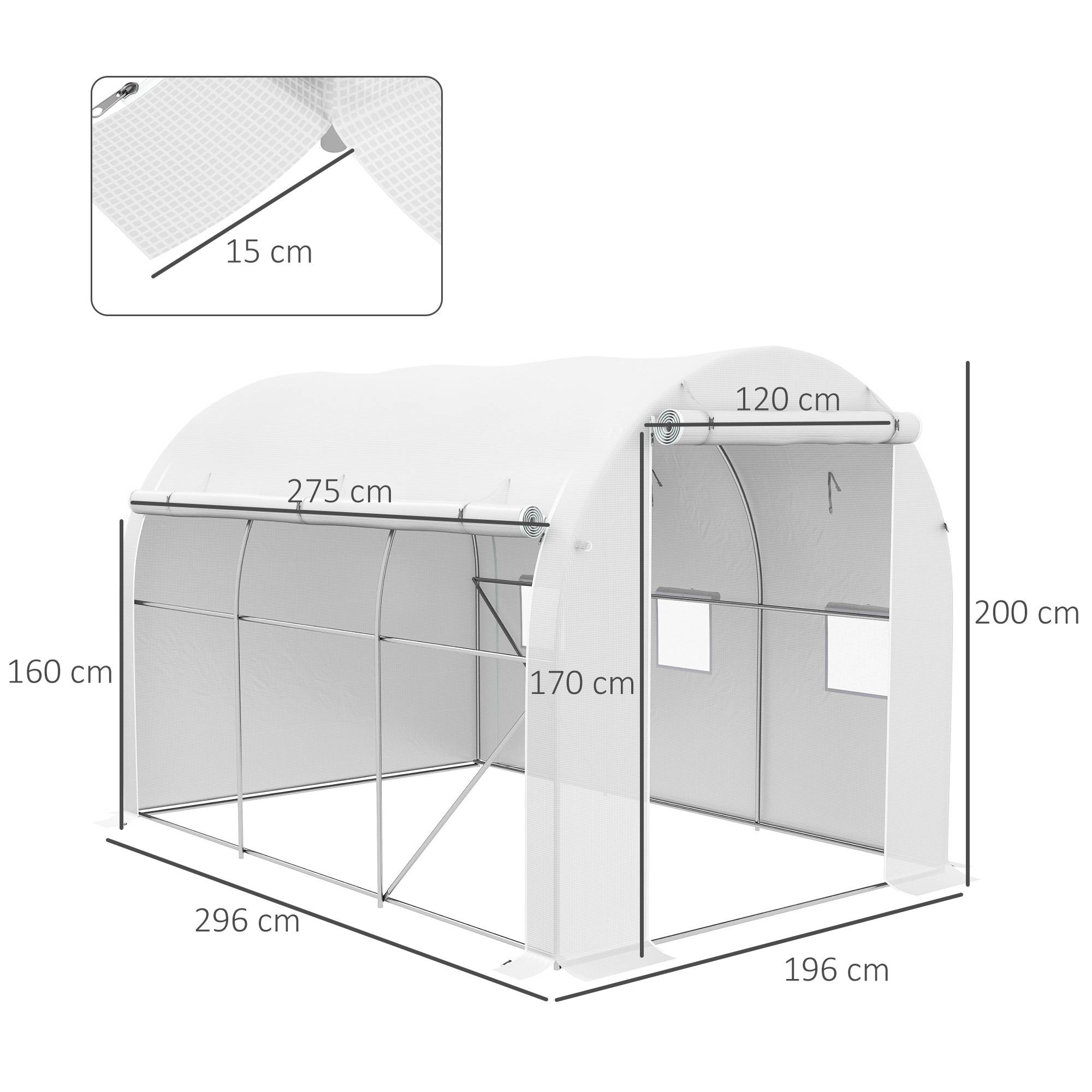 Outsunny - Serre de jardin 6m² 3x2m avec 1 porte + 2 parois latérales zippées, 6 fenêtres, acier galvanisé PE haute densité 140g/m² Anti-UV blanc - Outsunny - Image 3