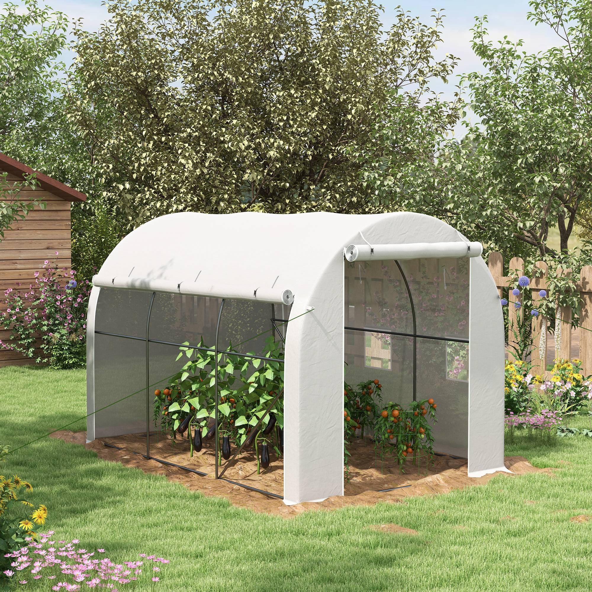 Outsunny - Serre de jardin 6m² 3x2m avec 1 porte + 2 parois latérales zippées, 6 fenêtres, acier galvanisé PE haute densité 140g/m² Anti-UV blanc - Outsunny - Image 2