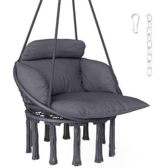 Chaise suspendue avec grand coussin rembourré hamac fauteuil suspendu à franges kit de suspension 80 x 60 x 40 cm gris foncé - Image 1