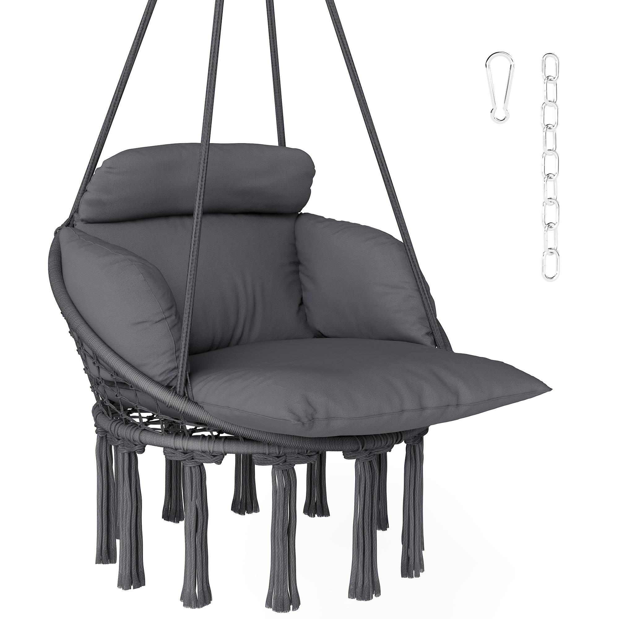 Chaise suspendue avec grand coussin rembourré hamac fauteuil suspendu à franges kit de suspension 80 x 60 x 40 cm gris foncé - Image 1