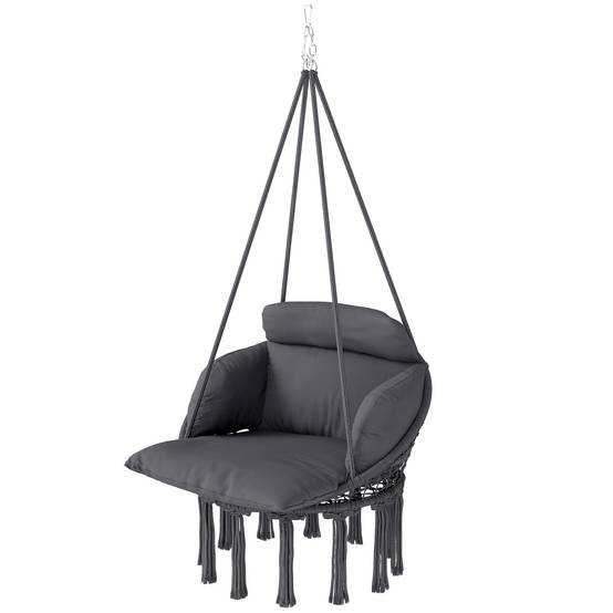 Chaise suspendue avec grand coussin rembourré hamac fauteuil suspendu à franges kit de suspension 80 x 60 x 40 cm gris foncé - Image 2