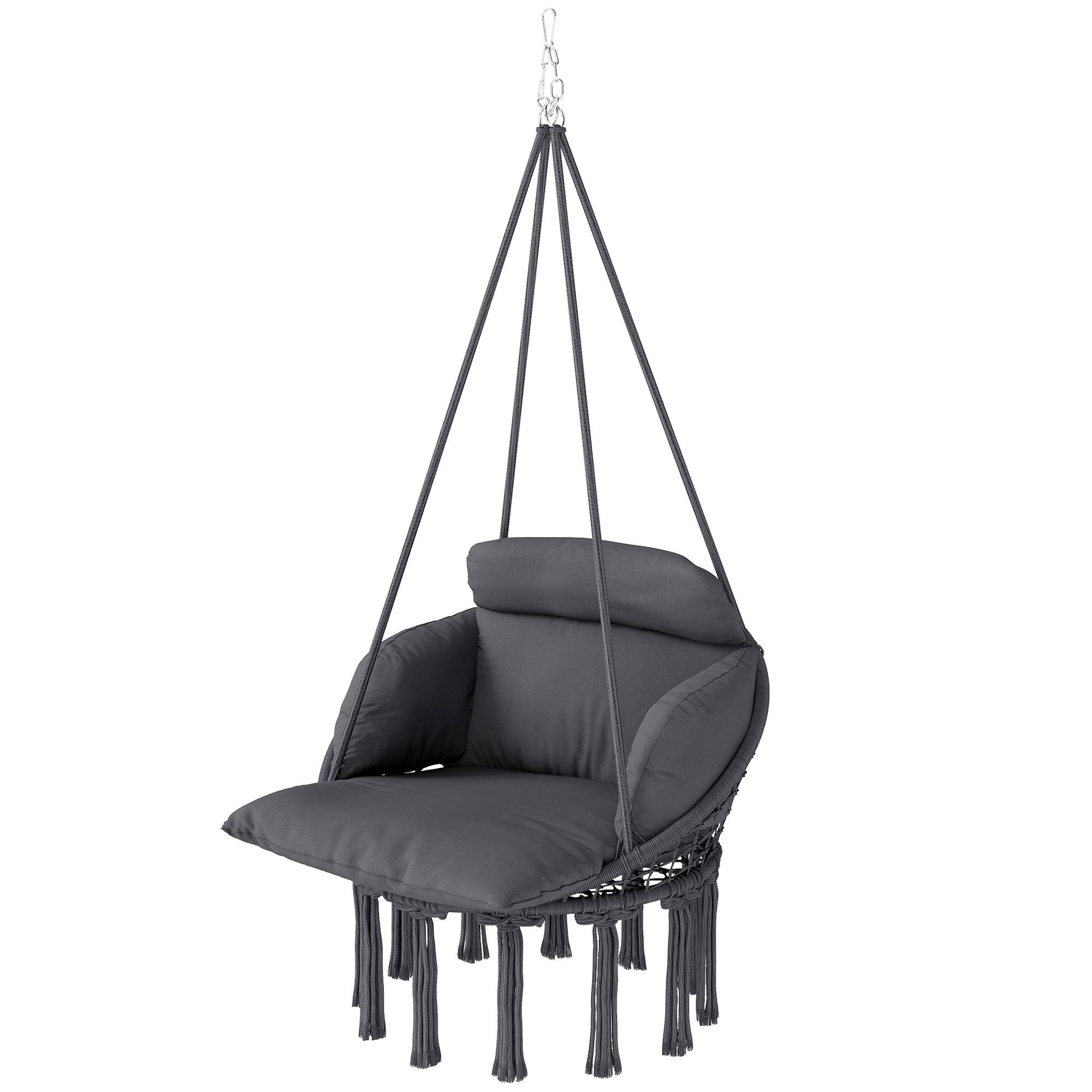 Chaise suspendue avec grand coussin rembourré hamac fauteuil suspendu à franges kit de suspension 80 x 60 x 40 cm gris foncé - Image 2